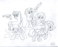 Size: 1035x841 | Tagged: safe, artist:appledashwins, oc, oc only, oc:ice pack, oc:klodette, oc:mellowbloom, oc:roboshi, oc:whirly willow, bizon pp-19, gun, m40, monochrome, skorpion, traditional art