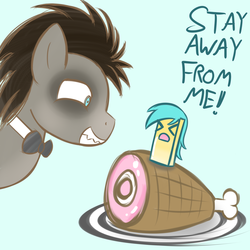 Size: 1280x1280 | Tagged: safe, artist:datahmedz, doctor whooves, sunshower raindrops, time turner, ask discorded whooves, raindropsanswers, g4, bone, butter, discord whooves, food, ham, meat, that pony sure does love butter