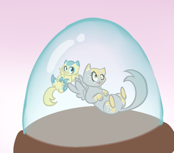 Size: 608x535 | Tagged: safe, artist:rppirate, derpy hooves, sunshower raindrops, cat, pony, g4, :p, catified, kitten, snow globe, species swap