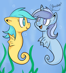 Size: 596x662 | Tagged: safe, minuette, sunshower raindrops, sea pony, unicorn, g4, blue eyes, blue mane, bubble, crepuscular rays, cute, fins, flowing mane, horn, looking at each other, looking at someone, ocean, open mouth, open smile, scales, seaponified, seaweed, smiling, smiling at each other, species swap, sunlight, swimming, underwater, water