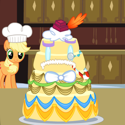 Size: 600x600 | Tagged: safe, applejack, g4, cake, fancy, game, monocle, wedding cake creator
