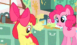 Size: 766x448 | Tagged: safe, screencap, apple bloom, pinkie pie, earth pony, pony, call of the cutie, g4, season 1, animated, behaving like a dog, chasing own tail, female, filly, mare, song in the comments, spinning, you spin me right round