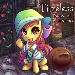 Size: 600x600 | Tagged: safe, artist:ninjaham, apple bloom, earth pony, pony, g4, adorabloom, album cover, apple, clothes, cute, female, filly, food, hat, michelle creber, parody, solo