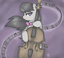 Size: 986x892 | Tagged: safe, artist:soulspade, octavia melody, earth pony, pony, g4, bowtie, brown, cello, female, frown, gray, mane, music notes, musical instrument, no pupils, sheet music, solo