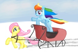 Size: 1280x875 | Tagged: safe, artist:tensecondsflat, fluttershy, rainbow dash, g4, sleigh, snow