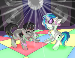 Size: 1600x1250 | Tagged: safe, artist:muffinshire, dj pon-3, octavia melody, vinyl scratch, earth pony, pony, unicorn, g4, dance floor, dancing, disco, disco ball, eyes closed, female, glasses, glowstick, horn, mare, music notes, vinyl's glasses, whistle