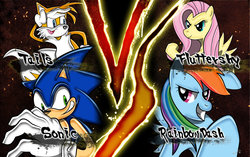 Size: 1600x1002 | Tagged: safe, artist:wildy71090, fluttershy, rainbow dash, g4, crossover, male, miles "tails" prower, rivalry, sonic the hedgehog, sonic the hedgehog (series), street fighter x tekken, vs.