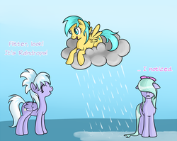 Size: 850x675 | Tagged: dead source, safe, artist:marikaefer, cloudchaser, flitter, sunshower raindrops, pegasus, pony, g4, dialogue, hair over eyes, hidden eyes, hilarious in hindsight, pink text, purple text, rain, wet, wet mane