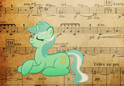 Size: 900x626 | Tagged: safe, artist:marikaefer, lyra heartstrings, pony, g4, female, music, music notes, solo