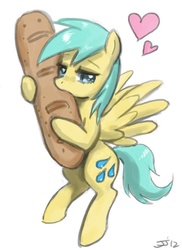 Size: 500x685 | Tagged: safe, artist:johnjoseco, sunshower raindrops, pegasus, pony, g4, baguette, bread, cargo ship, crack shipping, female, food, heart, mare, nom, shipping, that pony sure does love bread