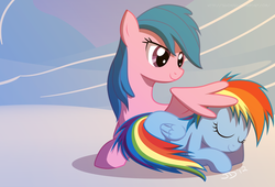 Size: 800x545 | Tagged: safe, artist:tehjadeh, firefly, rainbow dash, pegasus, pony, g1, g4, duo, female, filly, filly rainbow dash, firefly as rainbow dash's mom, foal, g1 to g4, generation leap, mare, mother and child, mother and daughter, sleeping, younger