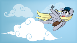 Size: 1920x1080 | Tagged: safe, artist:teknibaal, derpy hooves, butterfly, pegasus, pony, g4, bag, cloud, female, flying, mailbag, mare, open mouth, sky, smiling, solo, spread wings, wallpaper, wings
