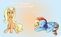 Size: 825x495 | Tagged: safe, artist:marikaefer, applejack, rainbow dash, g4, alternate hairstyle, mane swap