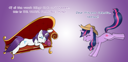 Size: 1221x594 | Tagged: safe, artist:marikaefer, rarity, twilight sparkle, pony, unicorn, g4, accessory swap, alternate hairstyle, applejack's hat, bucking, couch, cowboy hat, dear princess celestia, duo, duo female, eyes closed, fainting couch, female, gradient background, hairstyle swap, hat, horn, implied applejack, implied rainbow dash, lavender background, mane swap, mare, role reversal, simple background, text, the worst possible thing, unicorn twilight