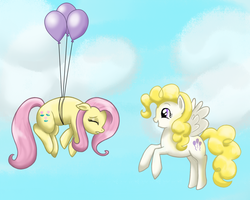 Size: 1500x1200 | Tagged: safe, artist:marikaefer, posey, surprise, g1, g4, balloon, duo, flying, g1 to g4, generation leap