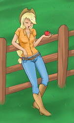 Size: 575x950 | Tagged: safe, artist:marikaefer, applejack, human, g4, eyes closed, female, fence, humanized, obligatory apple, solo