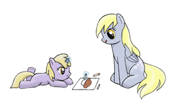 Size: 990x594 | Tagged: safe, artist:marikaefer, derpy hooves, dinky hooves, pegasus, pony, g4, crayon, cute, drawing, equestria's best daughter, equestria's best mother, female, magic, mare, muffin