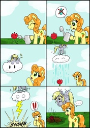 Size: 2481x3506 | Tagged: safe, artist:ciriliko, carrot top, derpy hooves, golden harvest, pegasus, pony, g4, cloud, cloudy, comic, creeper, female, flower, high res, lightning, male, mare, mario, rain, super mario bros.
