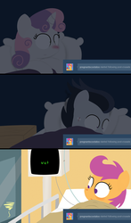 Size: 1280x2180 | Tagged: safe, artist:dtcx97, rumble, scootaloo, sweetie belle, post-crusade, g4, ask, colt, female, filly, foal, hospital, male, red nosed, sick, tumblr