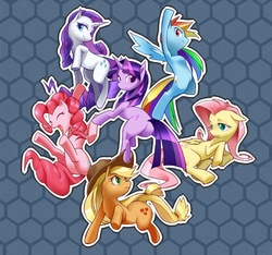 Size: 1120x1050 | Tagged: safe, applejack, fluttershy, pinkie pie, rainbow dash, rarity, twilight sparkle, g4, mane six, pixiv