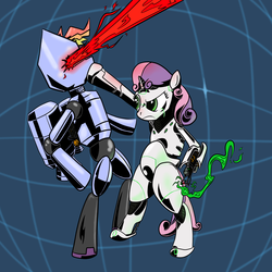 Size: 900x900 | Tagged: safe, artist:cornofthebreads, sweetie belle, pony, robot, robot pony, unicorn, g4, bipedal, female, filly, foal, hiroiyuki imaishi, hooves, horn, r-dash 5000, sweetie bot