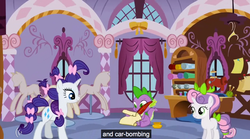 Size: 920x512 | Tagged: safe, edit, edited screencap, screencap, rarity, spike, sweetie belle, dragon, pony, unicorn, g4, sisterhooves social, belle sisters, caption, carousel boutique, female, filly, letter, male, mare, quill, siblings, sisters, youtube caption