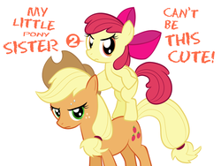 Size: 800x600 | Tagged: safe, apple bloom, applejack, earth pony, pony, g4, apple bloom riding applejack, apple sisters, female, filly, foal, mare, my little sister can't be this cute, parody, ponies riding ponies, pun, riding, siblings, simple background, sisters, white background