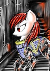 Size: 2480x3507 | Tagged: safe, artist:lachasseauxhiboux, oc, oc only, oc:blackjack, cyborg, pony, unicorn, fallout equestria, fallout equestria: project horizons, amputee, clothes, cybernetic legs, fanfic, fanfic art, female, high res, jumpsuit, level 2 (project horizons), mare, solo, vault suit