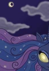 Size: 551x800 | Tagged: safe, artist:stellarina, princess luna, pony, g4, cloud, cloudy, female, glowing eyes, moon, night, solo