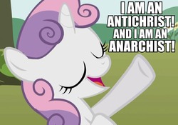 Size: 960x671 | Tagged: safe, sweetie belle, g4, anarchy, caption, lyrics, punk, sex pistols, singing, solo, song reference