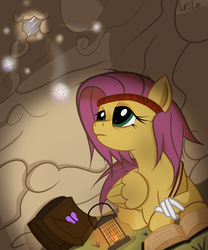 Size: 2000x2400 | Tagged: safe, artist:mattatatta, fluttershy, survivor shy, g4, book, high res, lantern, saddle bag, snow, snowfall