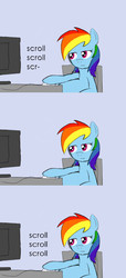 Size: 398x876 | Tagged: artist needed, safe, rainbow dash, pegasus, pony, g4, computer, computer mouse, computer reaction faces, computer screen, expressionless face, female, mare, monitor, pause, reaction image, screen, scroll, scrolling, simple background, solo