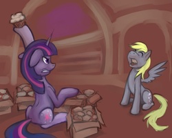Size: 720x576 | Tagged: safe, artist:halley-valentine, derpy hooves, twilight sparkle, pegasus, pony, g4, female, mare, muffin