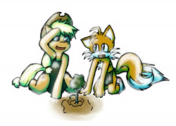 Size: 1821x1304 | Tagged: safe, artist:melidichan, applejack, g4, crossover, male, miles "tails" prower, sonic the hedgehog (series), tree