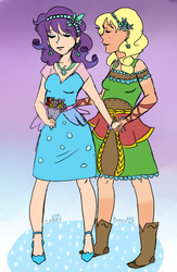 Size: 640x984 | Tagged: safe, artist:breenee, applejack, rarity, human, g4, bridesmaid dress, clothes, dress, female, humanized, lesbian, ship:rarijack, shipping