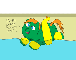 Size: 1280x1024 | Tagged: artist needed, source needed, safe, fluffy pony, blue eyes, floaty, fluffy, fluffy pony original art, green body, green coat, green fur, green pony, inflatable duck, inner tube, no pupils, open mouth, open smile, orange hair, orange mane, orange tail, pool toy, smiling, swimming, swimming pool, tail, water, water wings