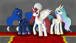 Size: 1920x1080 | Tagged: safe, artist:zombie-burrito, princess celestia, princess luna, oc, oc:fausticorn, g4, lauren faust, wallpaper