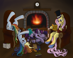 Size: 800x640 | Tagged: safe, artist:willygalleta, fluttershy, rainbow dash, twilight sparkle, g4, hat, monocle and top hat, pipe, reading, sleeping