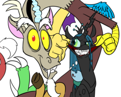 Size: 900x725 | Tagged: safe, artist:mickeymonster, discord, queen chrysalis, changeling, changeling queen, draconequus, g4, female, forced smile, male, smiling
