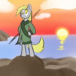 Size: 650x650 | Tagged: safe, artist:serendipity-kitty, derpy hooves, pony, g4, bipedal, clothes, robe, sunset