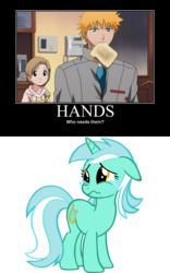 Size: 750x1200 | Tagged: safe, lyra heartstrings, human, pony, unicorn, g4, bleach (manga), demotivational poster, hand, kurosaki ichigo, meme, simple background, transparent background