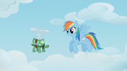 Size: 1920x1080 | Tagged: safe, artist:assiel, rainbow dash, tank, pegasus, pony, g4, cloud, cloudy, female, flying, mare, sky