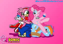 Size: 900x630 | Tagged: safe, artist:maroxxiii, pinkie pie, rainbow dash, g4, amy rose, crossover, female, gradient background, lesbian, male, rope, ship:pinkiedash, shipping, sonic the hedgehog, sonic the hedgehog (series), tied up