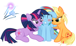 Size: 1600x966 | Tagged: safe, artist:nightmaremoons, applejack, rainbow dash, twilight sparkle, earth pony, pegasus, pony, unicorn, g4, ^^, alternate hairstyle, bedroom eyes, blushing, eyes closed, female, floppy ears, lesbian, mare, ship:appledash, ship:twidash, shipping, simple background, spread wings, transparent background, unicorn twilight, wings