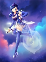 Size: 600x800 | Tagged: safe, artist:yatonokami, princess luna, human, boots, clothes, commission, cute, detached sleeves, dual wield, fantasy class, female, humanized, knife, lunabetes, moon, s1 luna, shoes, solo, sword, thigh boots, warrior luna, weapon