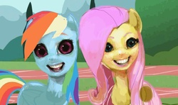 Size: 1280x759 | Tagged: safe, artist:shemhamferosh, edit, fluttershy, rainbow dash, g4, may the best pet win, do not want, faic, looking at you, nightmare fuel, oh god the eyes, uncanny valley