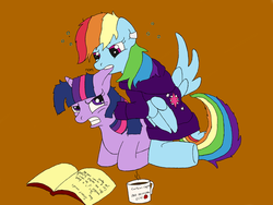 Size: 900x675 | Tagged: safe, artist:my-little-brony, rainbow dash, twilight sparkle, g4, book, clothes, dress, drunk, drunker dash, female, lesbian, mug, nom, ship:twidash, shipping