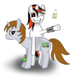 Size: 2000x2000 | Tagged: safe, artist:datanassi, oc, oc only, oc:blackjack, oc:littlepip, pony, unicorn, fallout equestria, fallout equestria: project horizons, bottle, fanfic, fanfic art, female, high res, magic, mare, one eye closed, pipbuck, wink