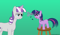 Size: 1560x900 | Tagged: dead source, safe, artist:evaxilth, twilight sparkle, twilight velvet, g4, female, filly, filly twilight sparkle, haircut, mother and daughter, scissors, stool, younger