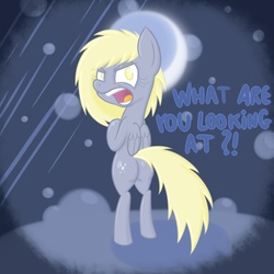 Size: 1000x1000 | Tagged: safe, artist:w300, derpy hooves, oc:jerky hooves, pegasus, pony, g4, bipedal, bubble, butt, duo, female, looking at you, looking back, mare, plot, solo, talking to viewer